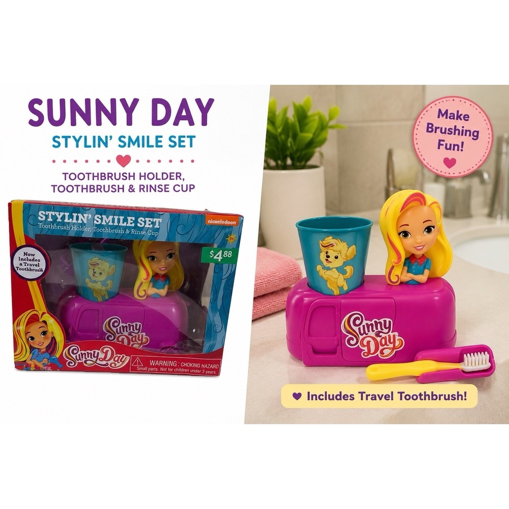 Nickelodeon NIB Sunny Day Stylin' Smile Set Toothbursh Holder & Rinse Cup